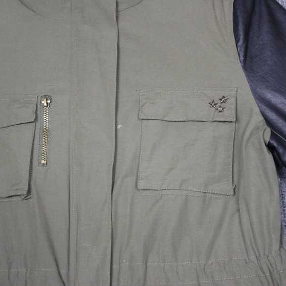 Steve Madden Women Olive Green Faux Leather Sleeve Anorak Utility Parka Jacket L - Picture 2 of 9